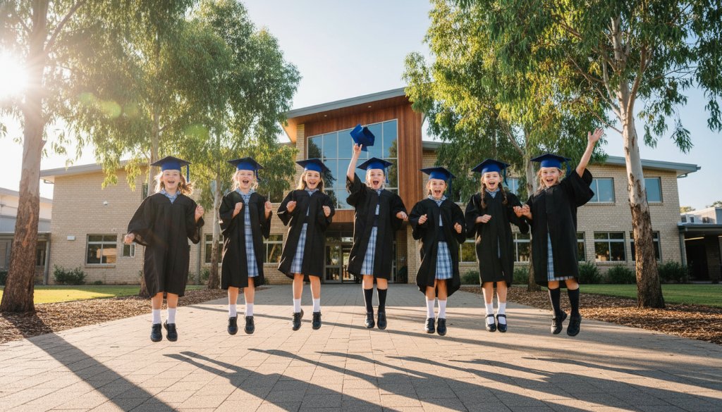 An emotionally resonant, wide-angle photograph capturing a group of Sandhurst primary school students in their graduation caps and gowns, laughing joyfully outdoors near a modern school building with a backdrop of native Australian trees, their faces lit by a soft, golden hour light, celebrating their Sandhurst professional school photography memories with a sense of accomplishment and camaraderie, professional color grading.