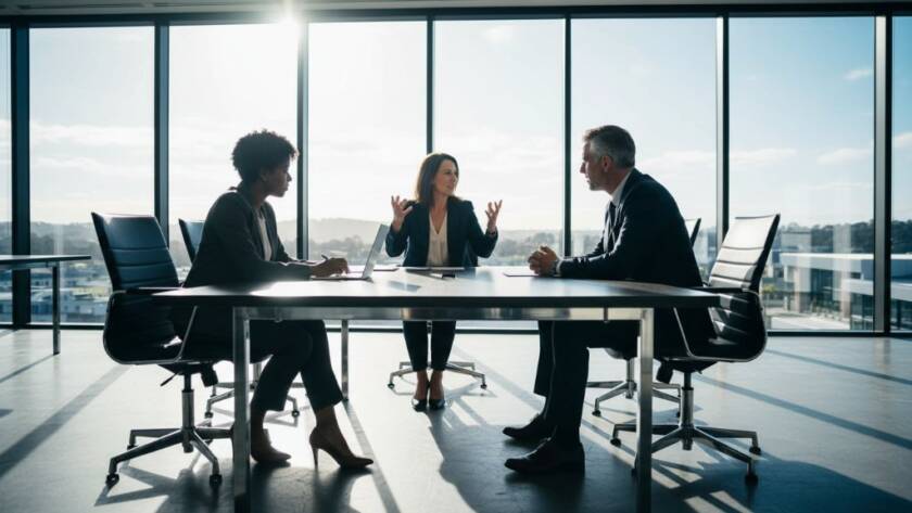 Dynamic wide shot showcasing professional Sandhurst Victoria Corporate Photography for Local Business Growth, featuring a diverse team collaborating energetically in a modern Sandhurst office space, bathed in golden hour light.