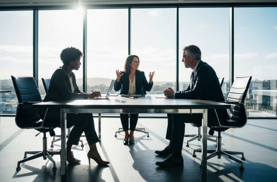 Dynamic wide shot showcasing professional Sandhurst Victoria Corporate Photography for Local Business Growth, featuring a diverse team collaborating energetically in a modern Sandhurst office space, bathed in golden hour light.