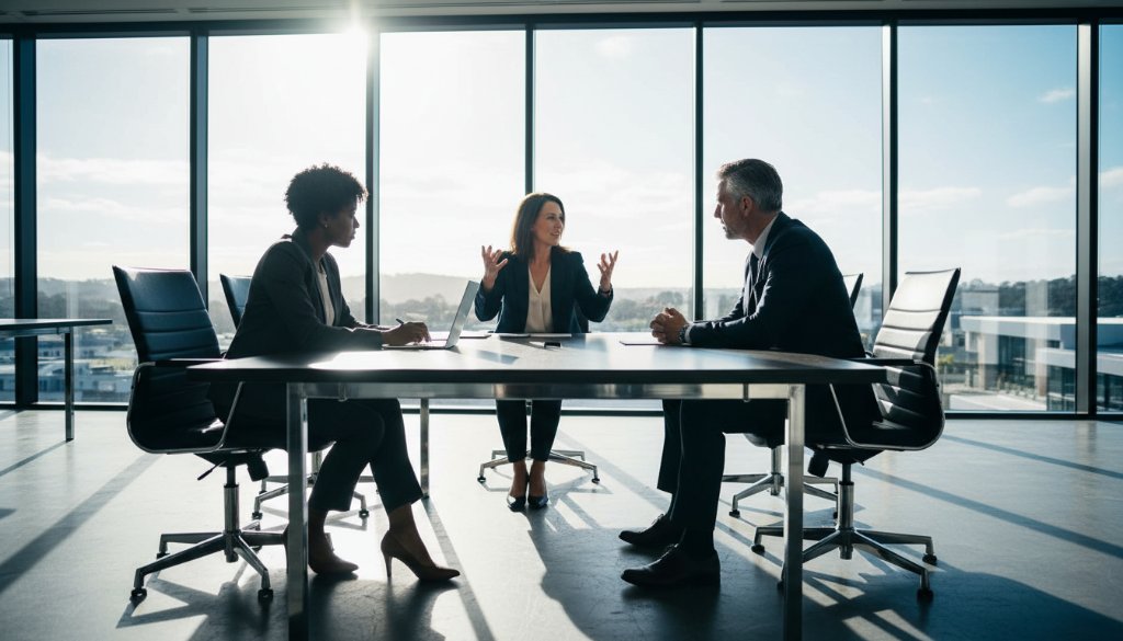 Dynamic wide shot showcasing professional Sandhurst Victoria Corporate Photography for Local Business Growth, featuring a diverse team collaborating energetically in a modern Sandhurst office space, bathed in golden hour light.