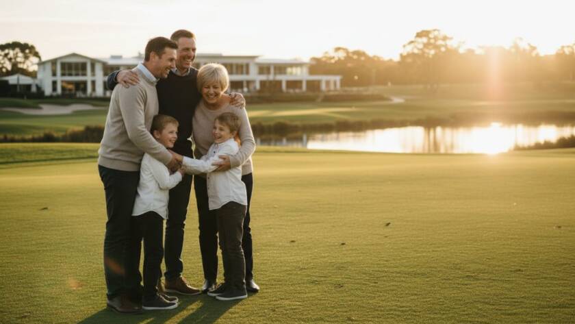 A heartwarming and epic moment captured during a Sandhurst Victoria family photography session, showing a multi-generational family laughing joyfully and hugging under dramatic golden hour light, with Sandhurst's lush golf course and serene natural beauty in the blurred background.