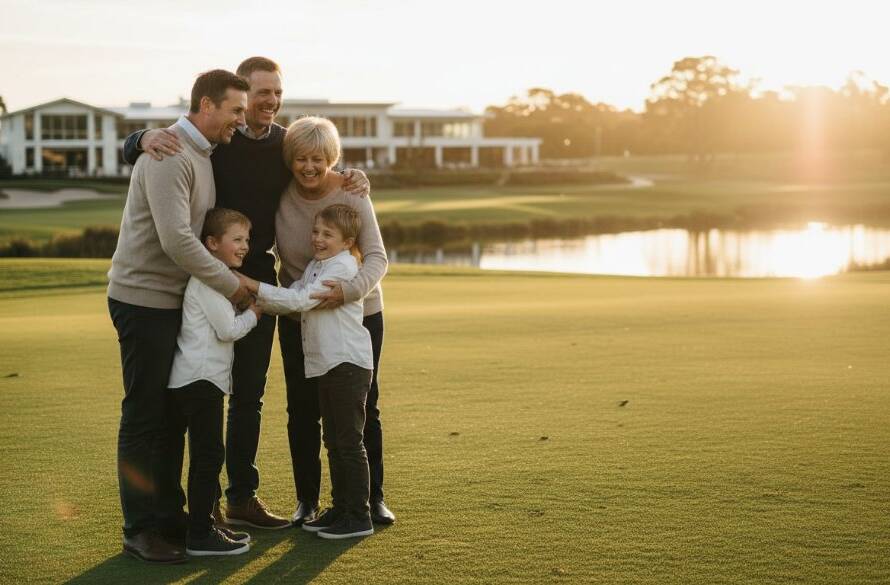 A heartwarming and epic moment captured during a Sandhurst Victoria family photography session, showing a multi-generational family laughing joyfully and hugging under dramatic golden hour light, with Sandhurst's lush golf course and serene natural beauty in the blurred background.