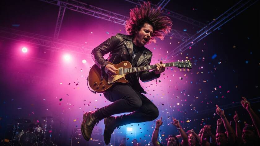 A dynamic shot of a lead guitarist mid-solo under dramatic stage lights at a vibrant Sandhurst Victoria live music photography event, capturing an epic, high-energy moment.