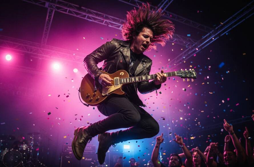 A dynamic shot of a lead guitarist mid-solo under dramatic stage lights at a vibrant Sandhurst Victoria live music photography event, capturing an epic, high-energy moment.