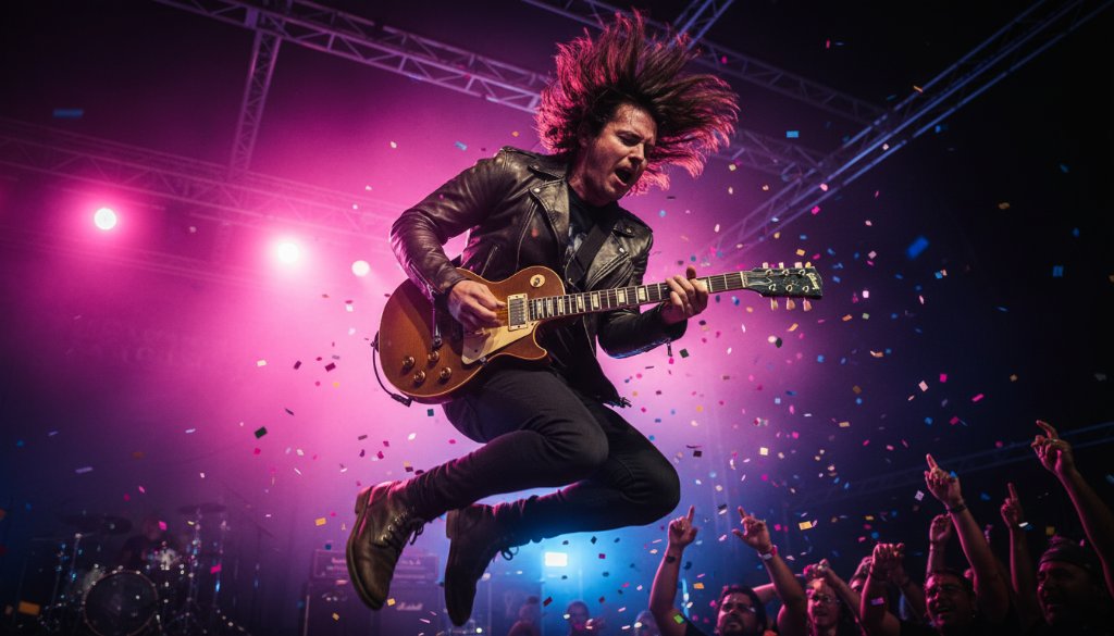 A dynamic shot of a lead guitarist mid-solo under dramatic stage lights at a vibrant Sandhurst Victoria live music photography event, capturing an epic, high-energy moment.