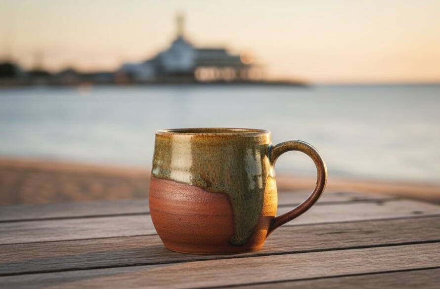Dramatic shot of a handcrafted ceramic bowl, perfectly lit to highlight its texture, placed on a weathered pier overlooking Sandringham Bay at sunrise, showcasing Sandringham Bay product photography expertise in an epic, professional manner.