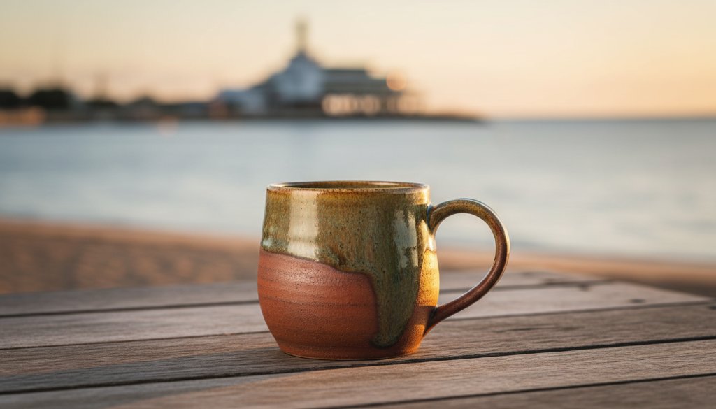 Dramatic shot of a handcrafted ceramic bowl, perfectly lit to highlight its texture, placed on a weathered pier overlooking Sandringham Bay at sunrise, showcasing Sandringham Bay product photography expertise in an epic, professional manner.