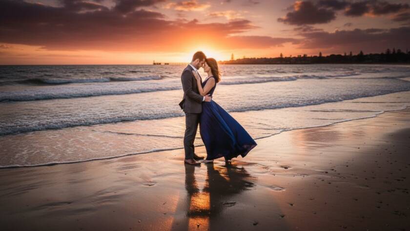 An epic moment captured during a Sandringham beach engagement photography Melbourne session, featuring a couple embracing passionately at sunset with dramatic golden light reflecting on the water, highlighting their silhouettes against the vibrant sky and rocky coastline.