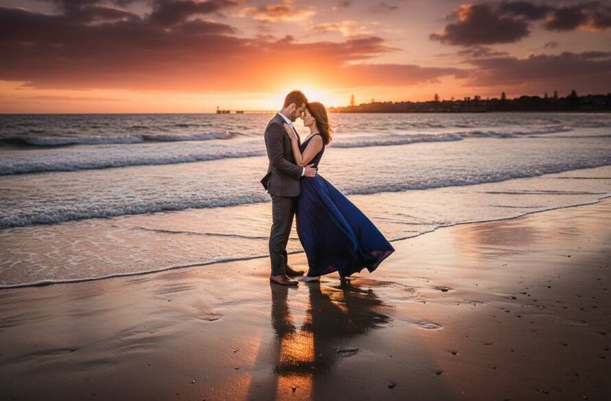 An epic moment captured during a Sandringham beach engagement photography Melbourne session, featuring a couple embracing passionately at sunset with dramatic golden light reflecting on the water, highlighting their silhouettes against the vibrant sky and rocky coastline.