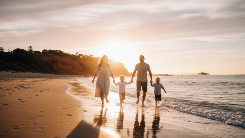 An intimate Sandringham candid beach photography moment: a family laughing joyfully as a wave splashes gently around their feet at sunset, captured with professional color grading and dramatic lighting.