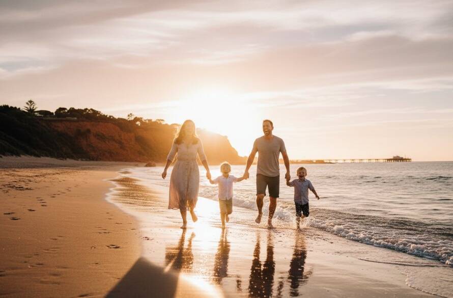An intimate Sandringham candid beach photography moment: a family laughing joyfully as a wave splashes gently around their feet at sunset, captured with professional color grading and dramatic lighting.