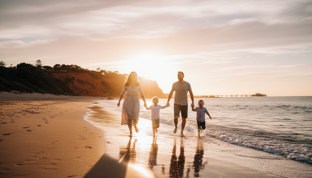 An intimate Sandringham candid beach photography moment: a family laughing joyfully as a wave splashes gently around their feet at sunset, captured with professional color grading and dramatic lighting.