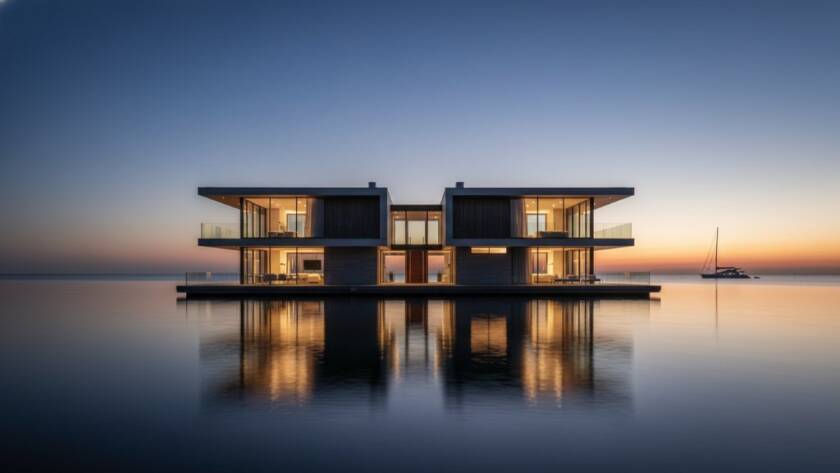 Dramatic evening shot showcasing the Sandringham Coastal Architecture Photography Excellence, featuring a modern waterfront home with strong geometric lines against a vibrant sunset, professionally color-graded.