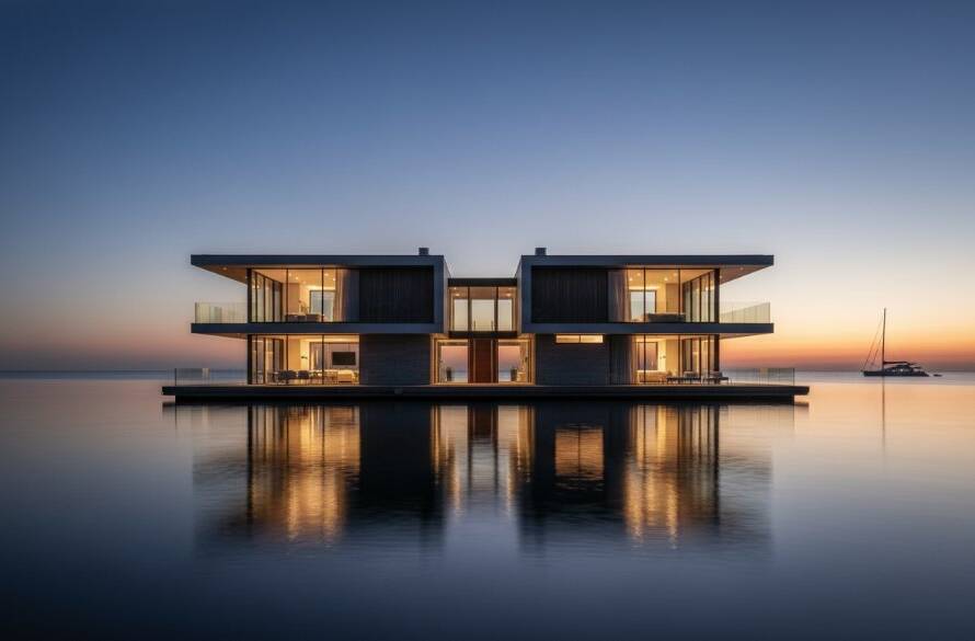 Dramatic evening shot showcasing the Sandringham Coastal Architecture Photography Excellence, featuring a modern waterfront home with strong geometric lines against a vibrant sunset, professionally color-graded.