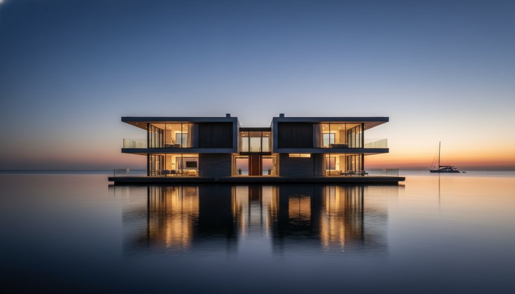 Dramatic evening shot showcasing the Sandringham Coastal Architecture Photography Excellence, featuring a modern waterfront home with strong geometric lines against a vibrant sunset, professionally color-graded.