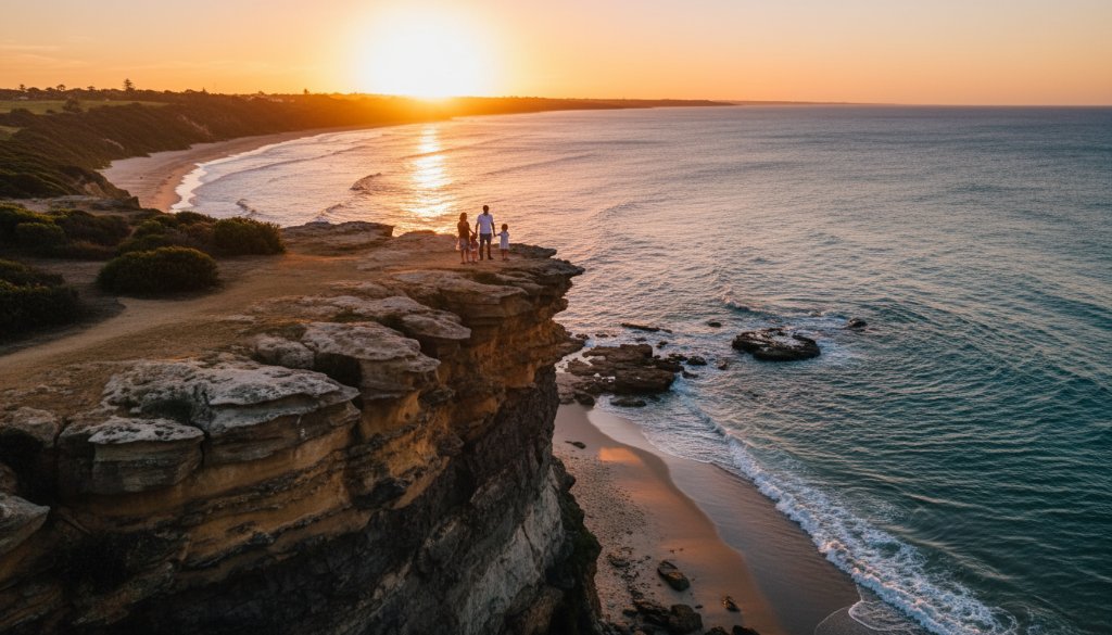 A breathtaking drone photograph capturing Sandringham coastal drone photography unique perspectives, showcasing a family silhouetted against a golden sunset over the iconic Sandringham cliffs, with turquoise waters crashing below, creating a cinematic and emotional 'epic moment' vista.