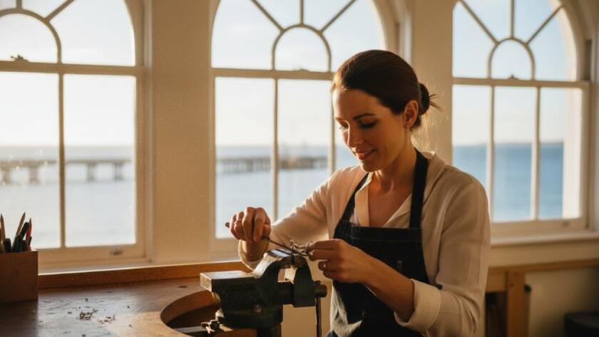 An emotionally resonant editorial photograph capturing a local Sandringham business owner in their element, dramatically lit by golden hour sun near the iconic Sandringham Yacht Club, showcasing their craftsmanship with the Sandringham coastline in the background, embodying the essence of Sandringham editorial photography for local businesses.