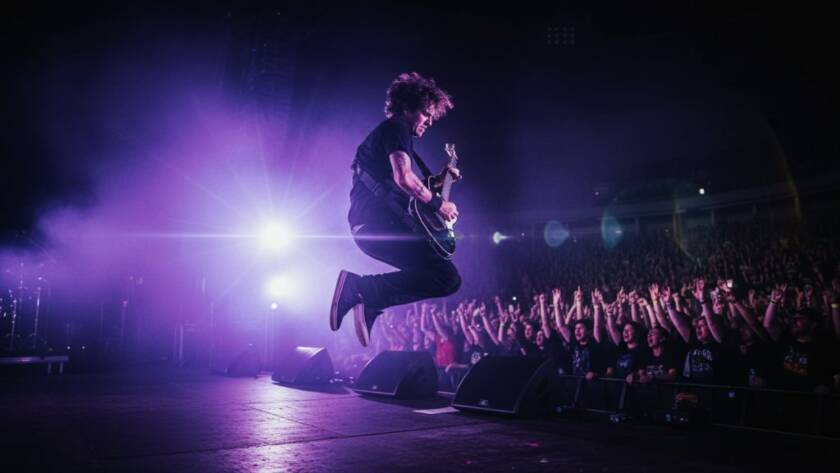 A wide-angle, dramatic shot capturing Sandringham electrifying live music photography moments: a lead guitarist mid-shred under intense stage lights, fog enveloping the stage, and an ecstatic crowd silhouetted in the foreground, taken at a vibrant Sandringham venue.