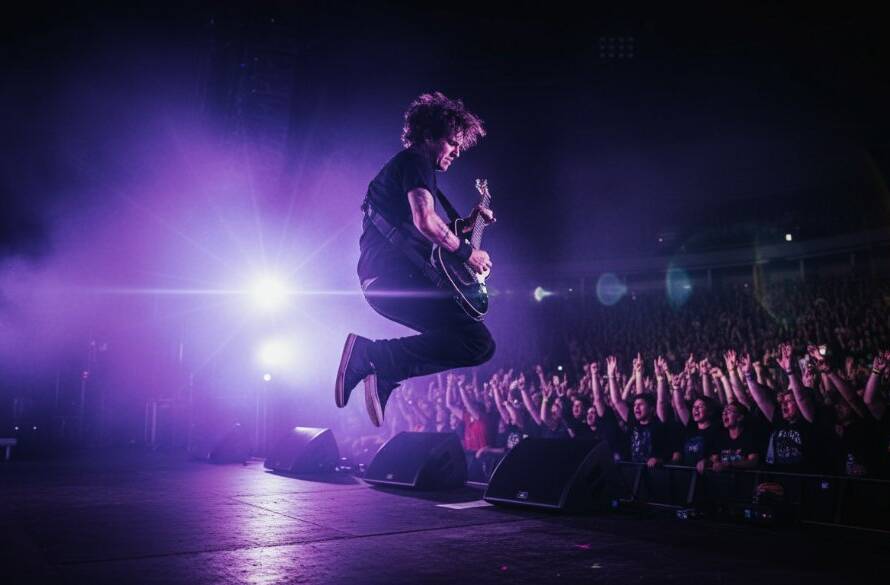 A wide-angle, dramatic shot capturing Sandringham electrifying live music photography moments: a lead guitarist mid-shred under intense stage lights, fog enveloping the stage, and an ecstatic crowd silhouetted in the foreground, taken at a vibrant Sandringham venue.