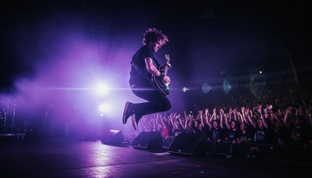 A wide-angle, dramatic shot capturing Sandringham electrifying live music photography moments: a lead guitarist mid-shred under intense stage lights, fog enveloping the stage, and an ecstatic crowd silhouetted in the foreground, taken at a vibrant Sandringham venue.