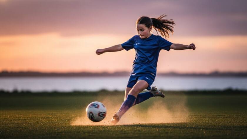 An epic moment of Sandringham junior sports photography action, capturing a young athlete scoring a goal against a vibrant sunset over Port Phillip Bay, dramatic lighting highlighting their determination.