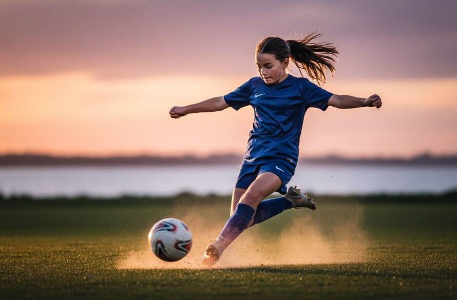 An epic moment of Sandringham junior sports photography action, capturing a young athlete scoring a goal against a vibrant sunset over Port Phillip Bay, dramatic lighting highlighting their determination.