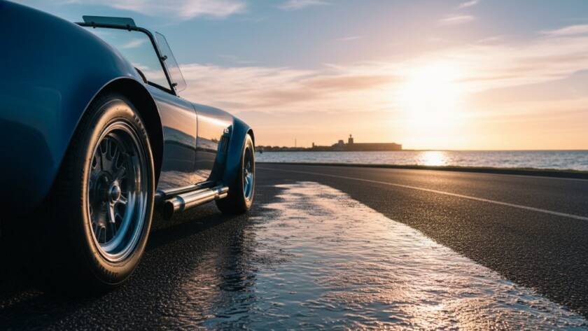 A dramatic Sandringham luxury car photography shot featuring a polished vintage Ferrari gleaming under golden hour light along Beach Road, Sandringham, with the shimmering Port Phillip Bay in the background, creating a cinematic and luxurious feel.