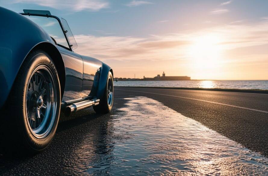 A dramatic Sandringham luxury car photography shot featuring a polished vintage Ferrari gleaming under golden hour light along Beach Road, Sandringham, with the shimmering Port Phillip Bay in the background, creating a cinematic and luxurious feel.