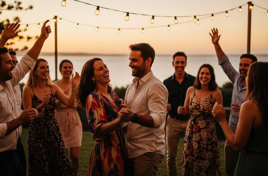 An epic moment of joyful guests laughing and dancing under string lights at a beachside party in Sandringham, perfectly illustrating Sandringham party photography authentic coastal celebrations with vibrant, professional lighting.