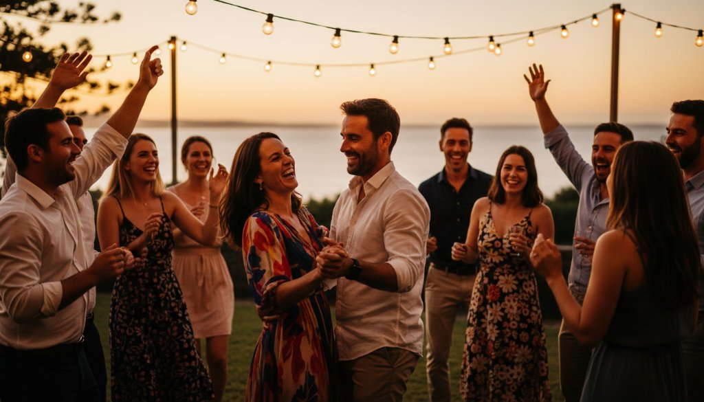 An epic moment of joyful guests laughing and dancing under string lights at a beachside party in Sandringham, perfectly illustrating Sandringham party photography authentic coastal celebrations with vibrant, professional lighting.