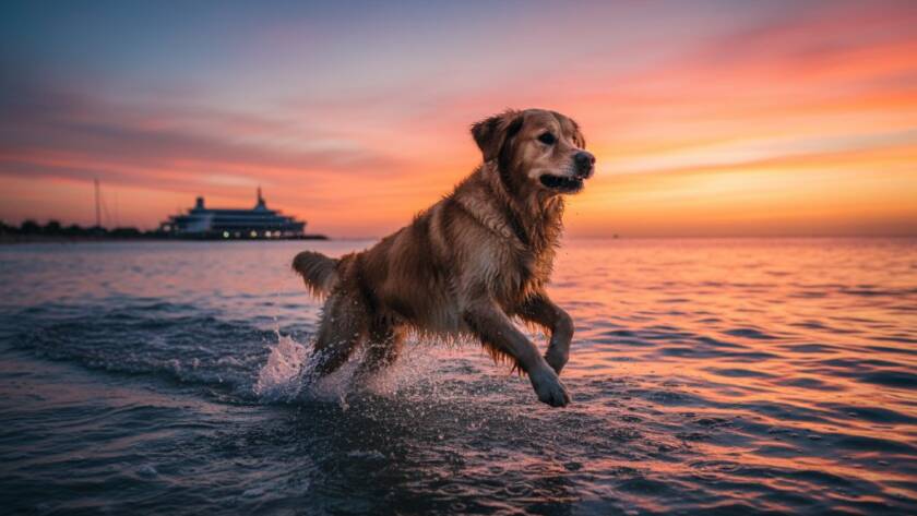 A majestic golden retriever joyfully leaps through the shallow waves at sunset on Sandringham beach, perfectly illustrating Sandringham pet photography capturing joyful beach moments, with golden light illuminating its happy expression and the splashing water.
