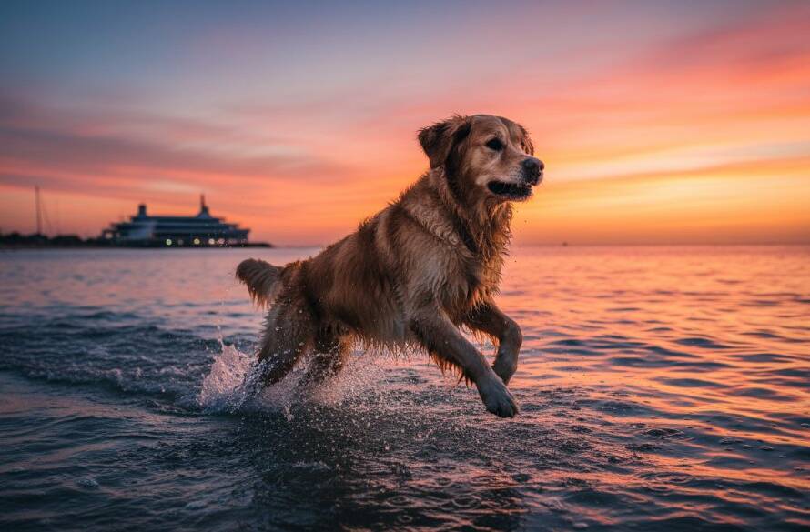 A majestic golden retriever joyfully leaps through the shallow waves at sunset on Sandringham beach, perfectly illustrating Sandringham pet photography capturing joyful beach moments, with golden light illuminating its happy expression and the splashing water.