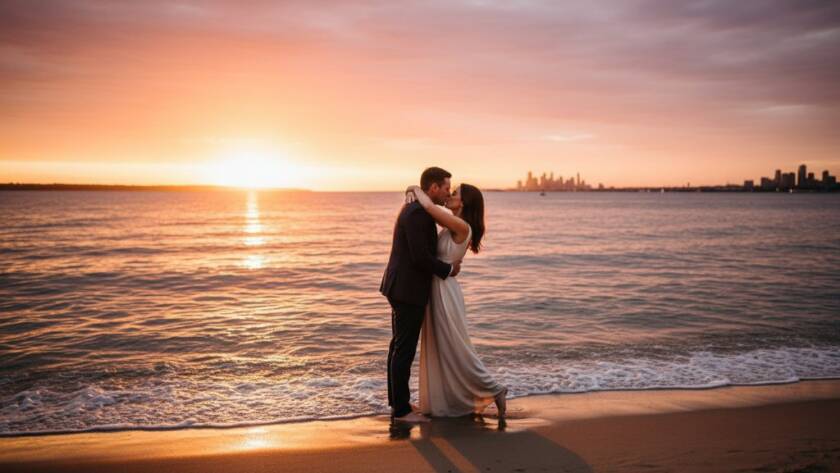 A couple embracing dramatically on Sandringham Beach at sunset, with golden light silhouetting them against the sparkling water, capturing their Sandringham pre-wedding photography sunset beach portraits with epic, cinematic flair.