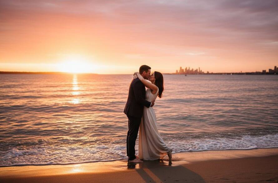 A couple embracing dramatically on Sandringham Beach at sunset, with golden light silhouetting them against the sparkling water, capturing their Sandringham pre-wedding photography sunset beach portraits with epic, cinematic flair.