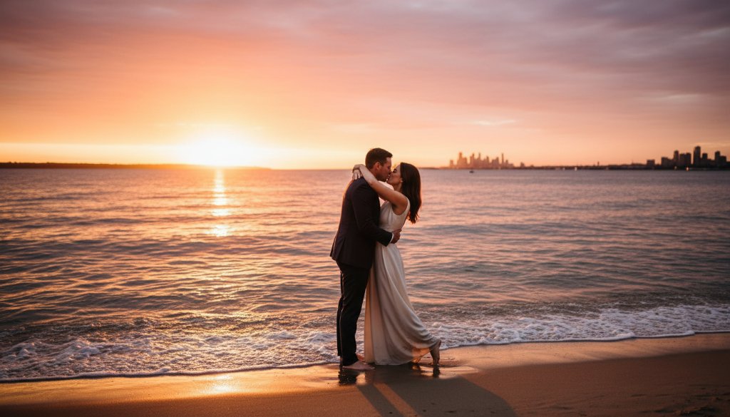 A couple embracing dramatically on Sandringham Beach at sunset, with golden light silhouetting them against the sparkling water, capturing their Sandringham pre-wedding photography sunset beach portraits with epic, cinematic flair.