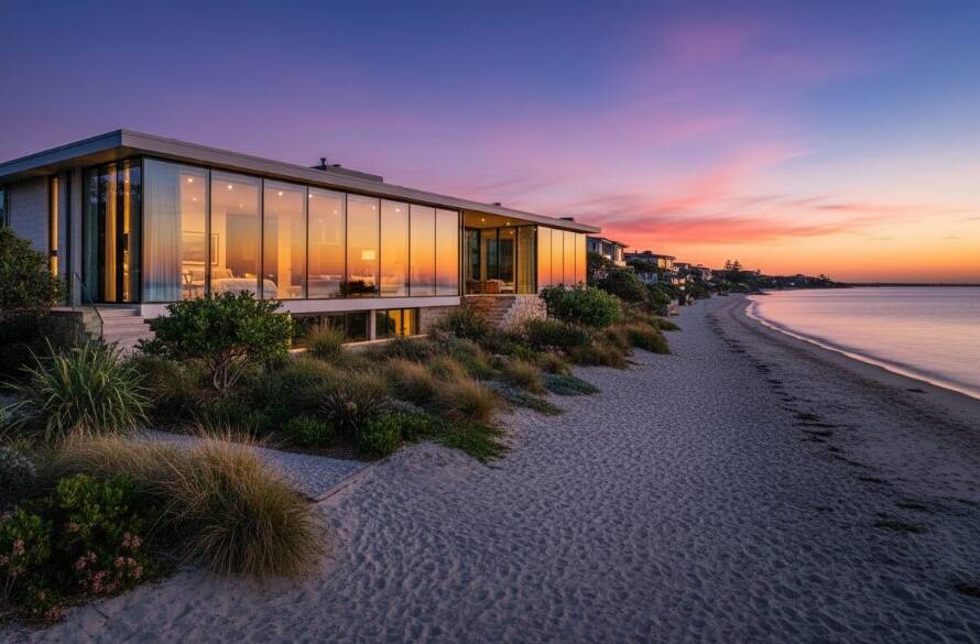 Professional Sandringham Property Photography Twilight Expertise shot of a modern luxury home in Sandringham, Victoria, at dusk, with warm interior lights glowing and a vibrant orange-pink sunset sky reflecting in pristine windows, showcasing an inviting and luxurious atmosphere. The home is surrounded by impeccably landscaped gardens, highlighting its curb appeal.