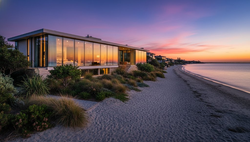 Professional Sandringham Property Photography Twilight Expertise shot of a modern luxury home in Sandringham, Victoria, at dusk, with warm interior lights glowing and a vibrant orange-pink sunset sky reflecting in pristine windows, showcasing an inviting and luxurious atmosphere. The home is surrounded by impeccably landscaped gardens, highlighting its curb appeal.