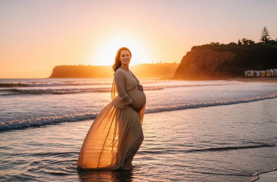 A breathtaking Sandringham sunset maternity photography session showing a pregnant woman silhouetted against a dramatic golden sky on Sandringham beach, capturing an epic moment of serene beauty and anticipation.