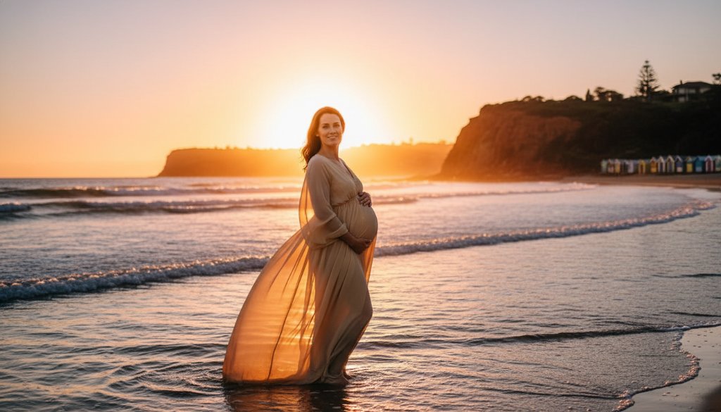 A breathtaking Sandringham sunset maternity photography session showing a pregnant woman silhouetted against a dramatic golden sky on Sandringham beach, capturing an epic moment of serene beauty and anticipation.