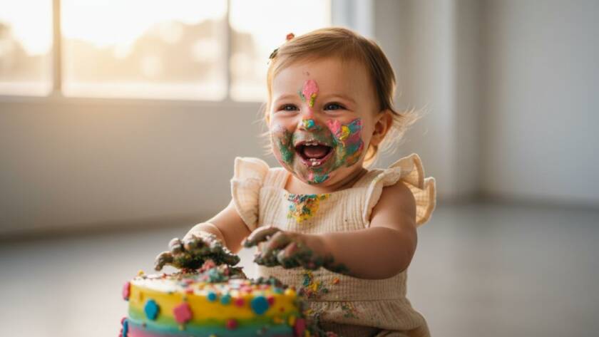 An epic moment captured in Sandringham Victoria first birthday cake smash photography, featuring a joyful baby with cake frosting all over their face, laughing amidst a beautifully styled, messy scene with golden hour light streaming in, celebrating their first birthday in style.