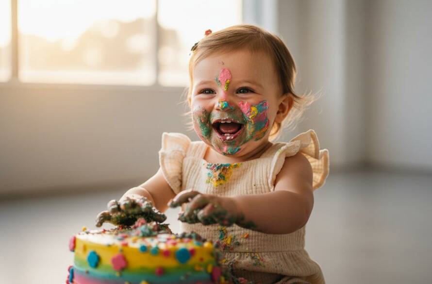 An epic moment captured in Sandringham Victoria first birthday cake smash photography, featuring a joyful baby with cake frosting all over their face, laughing amidst a beautifully styled, messy scene with golden hour light streaming in, celebrating their first birthday in style.