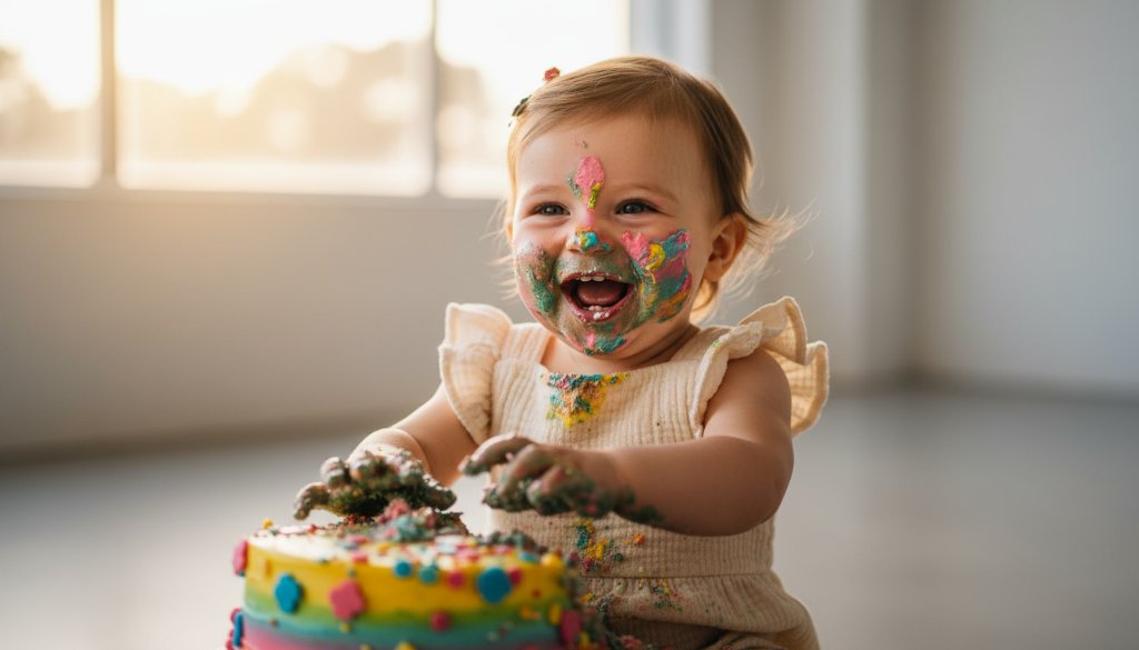 An epic moment captured in Sandringham Victoria first birthday cake smash photography, featuring a joyful baby with cake frosting all over their face, laughing amidst a beautifully styled, messy scene with golden hour light streaming in, celebrating their first birthday in style.
