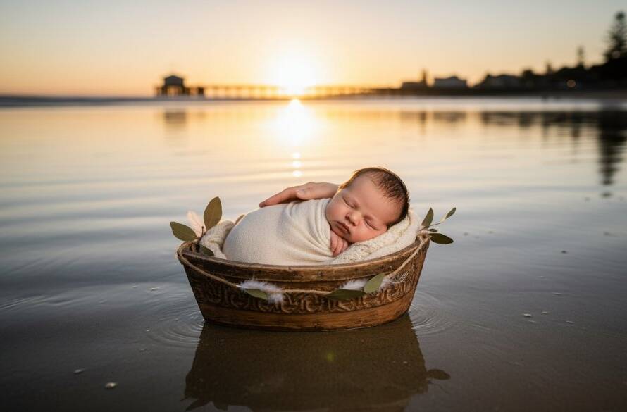 A serene, cinematic shot of a newborn baby swaddled in soft white fabric, gently held in a parent's hands on the Sandringham beach at sunrise, with the golden light reflecting on the calm bay waters, embodying the magic of Sandringham Victoria newborn beach photography.