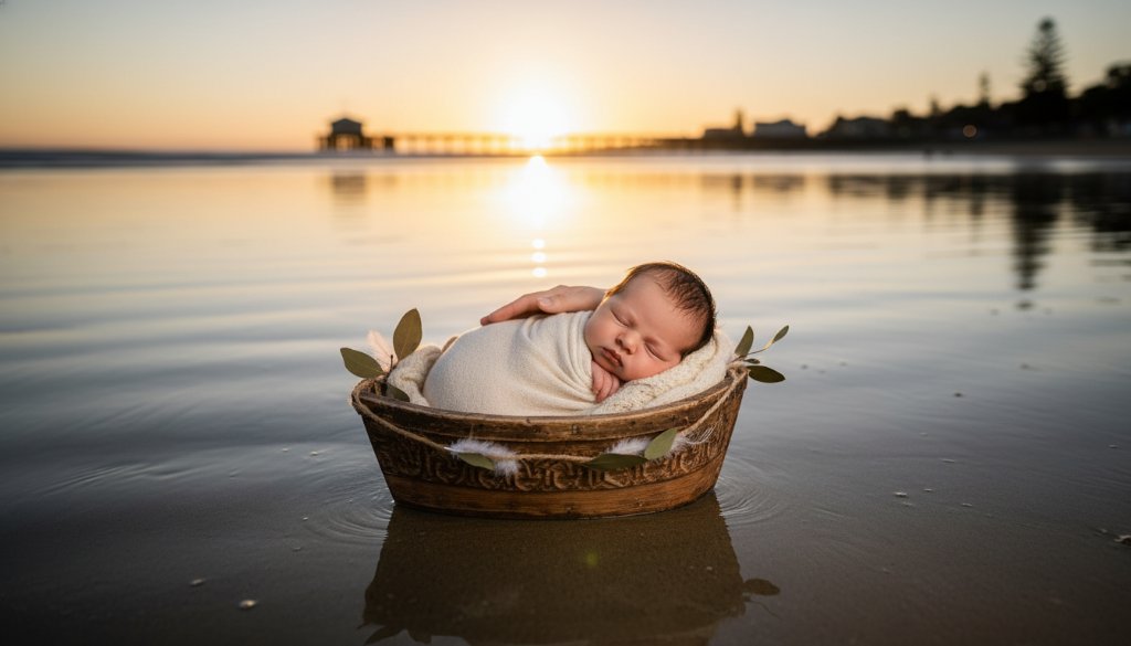 A serene, cinematic shot of a newborn baby swaddled in soft white fabric, gently held in a parent's hands on the Sandringham beach at sunrise, with the golden light reflecting on the calm bay waters, embodying the magic of Sandringham Victoria newborn beach photography.