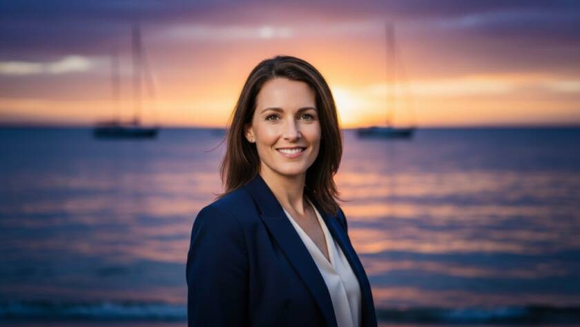 Dynamic Sandringham Victoria Outdoor Professional Headshots with Bay Views, showing a confident individual with a genuine smile, dramatic golden hour lighting, and the iconic Sandringham coastline in the blurred background.