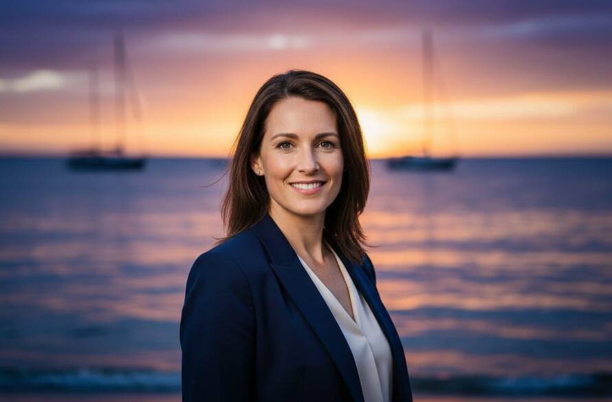 Dynamic Sandringham Victoria Outdoor Professional Headshots with Bay Views, showing a confident individual with a genuine smile, dramatic golden hour lighting, and the iconic Sandringham coastline in the blurred background.