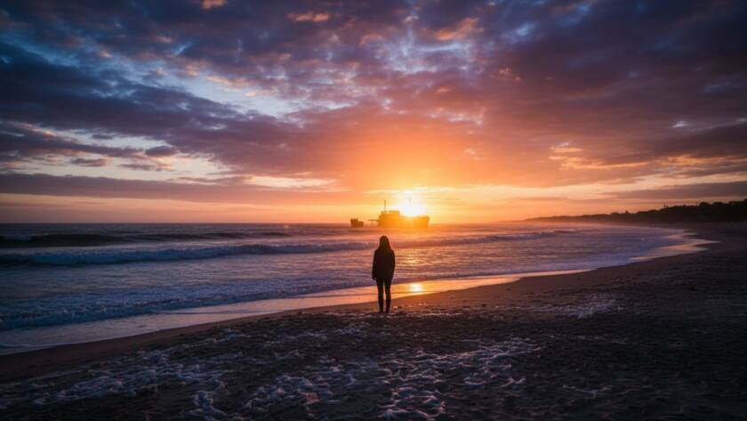 An epic moment in Sandringham's Coastal Splendour Fine Art Photography, capturing a dramatic sunset over Sandringham Beach with a lone figure contemplating the vast, colourful sky and rugged coastline, professionally color-graded.