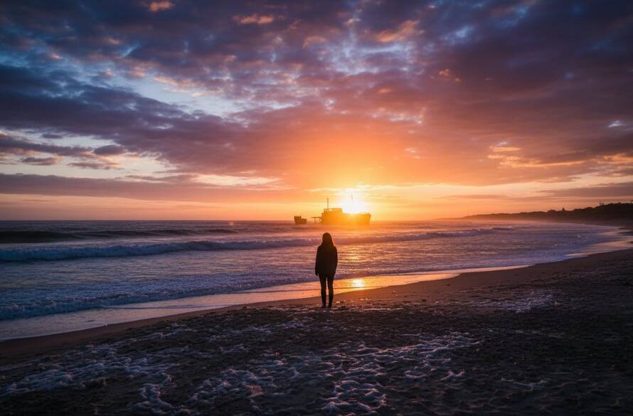An epic moment in Sandringham's Coastal Splendour Fine Art Photography, capturing a dramatic sunset over Sandringham Beach with a lone figure contemplating the vast, colourful sky and rugged coastline, professionally color-graded.