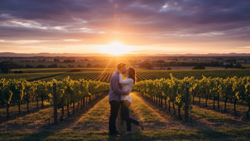 An epic, dramatic wide shot capturing a couple sharing a tender kiss at sunset, silhouetted against the rolling hills and vineyards of Gisborne, Victoria, embodying Scenic Gisborne Engagement Photography Ideas, with golden hour light and a dreamy, romantic mood.