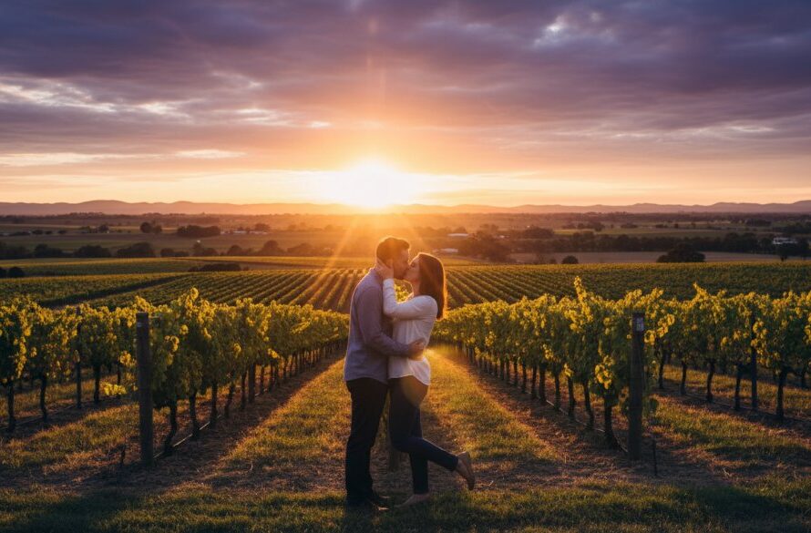 An epic, dramatic wide shot capturing a couple sharing a tender kiss at sunset, silhouetted against the rolling hills and vineyards of Gisborne, Victoria, embodying Scenic Gisborne Engagement Photography Ideas, with golden hour light and a dreamy, romantic mood.